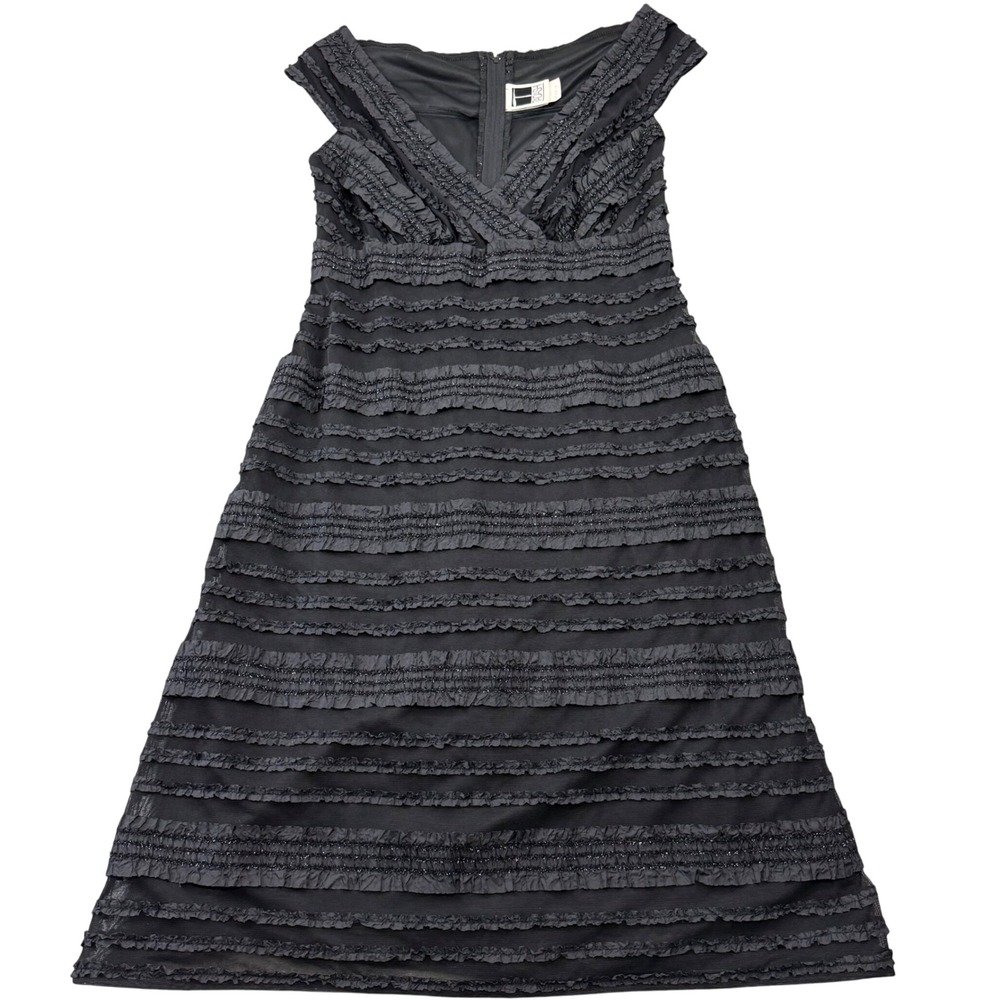 Tadashi Cocktail Dress Women 14 Black Excellent Tiered Ruffle Metallic Vintage
